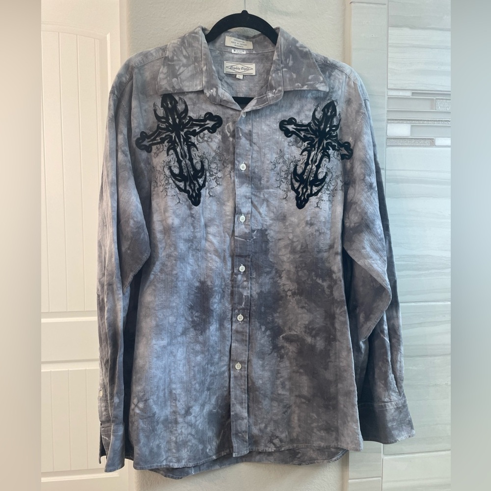 Vintage Eighty Eight Grey Tie-Dye Cross Wings Smoke Grunge Button Up Mens L Y2K